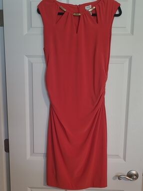 Cache Coral Ruched Sheath Dress with Gold Neck Accents Size 12